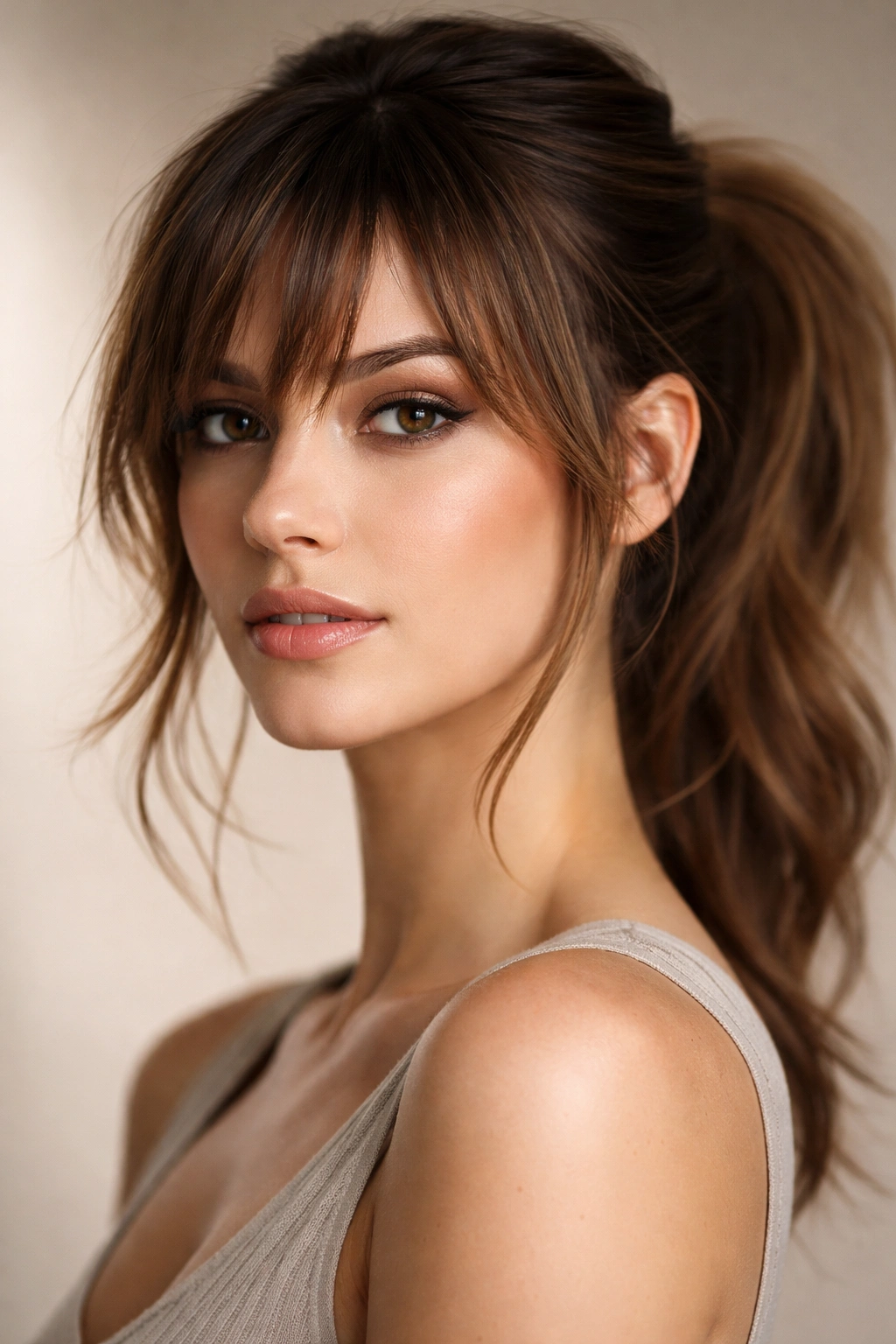 Close-up of a model with piece-y textured bangs on angular features