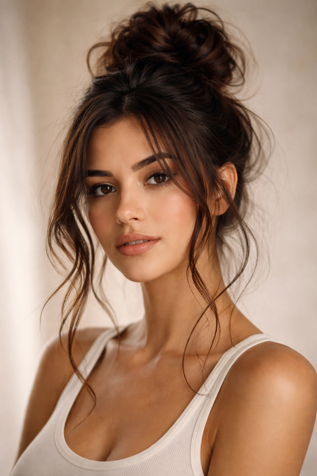 Brunette piece-y high bun with scattered face-framing strands for texture