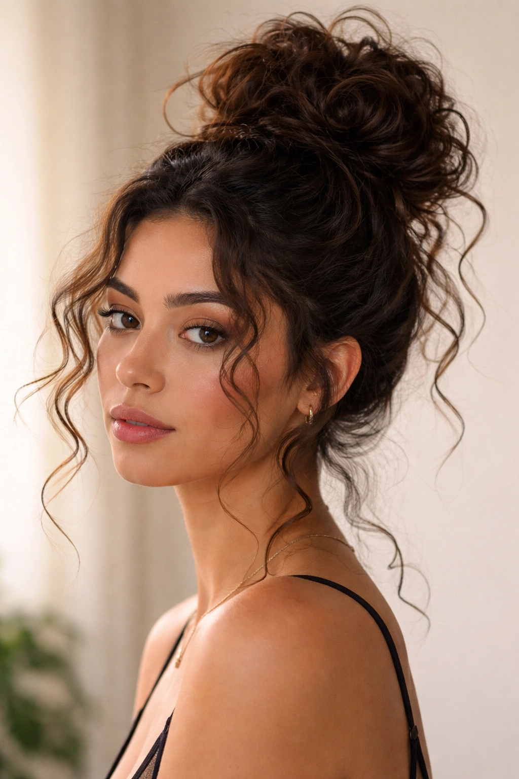 Close-up of a piecey high bun on curly hair with loose pieces framing the face