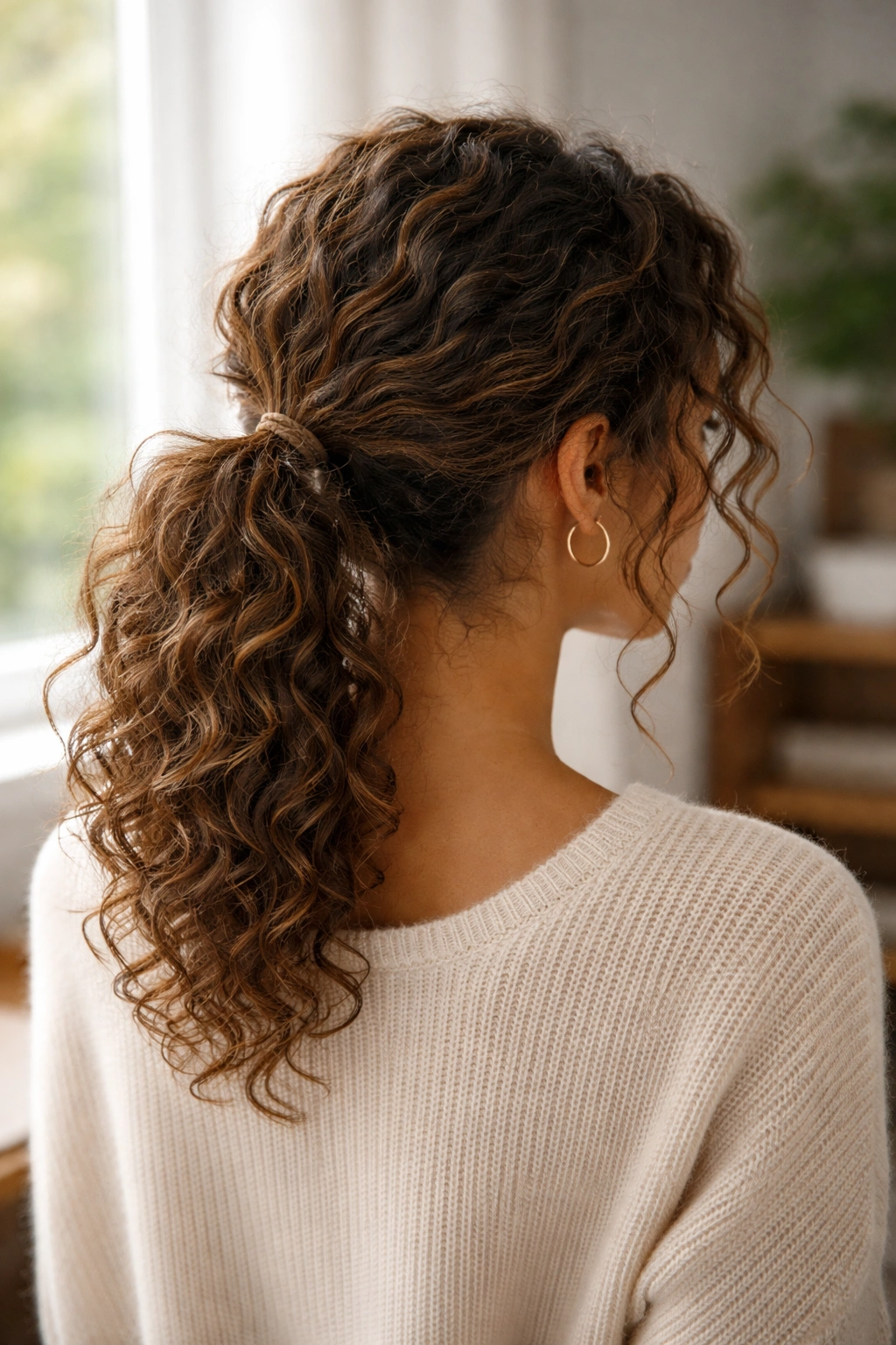 Piecey textured ponytail with visible individual curls