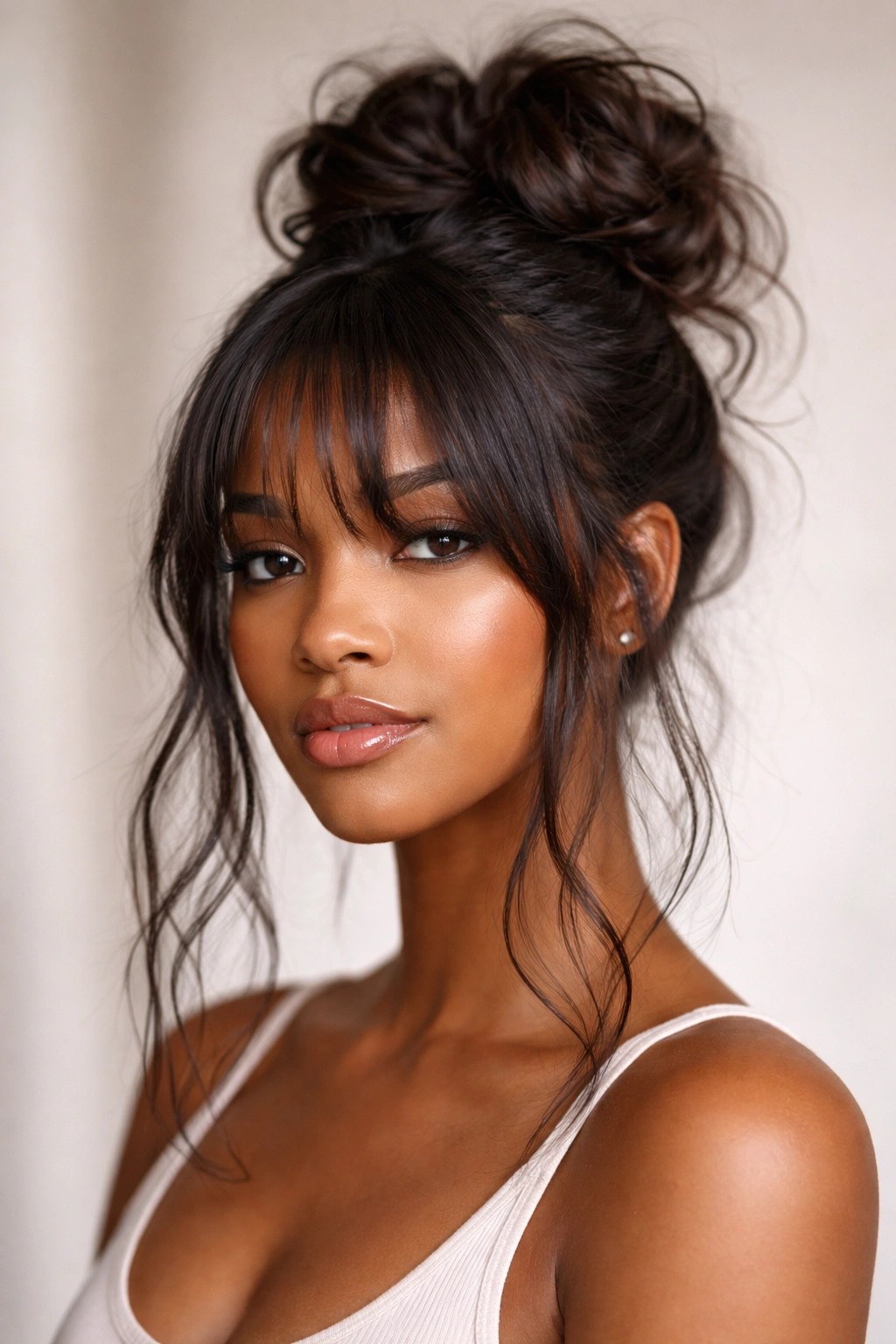 Portrait of piecey undone bun with curtain bangs on Black hair.