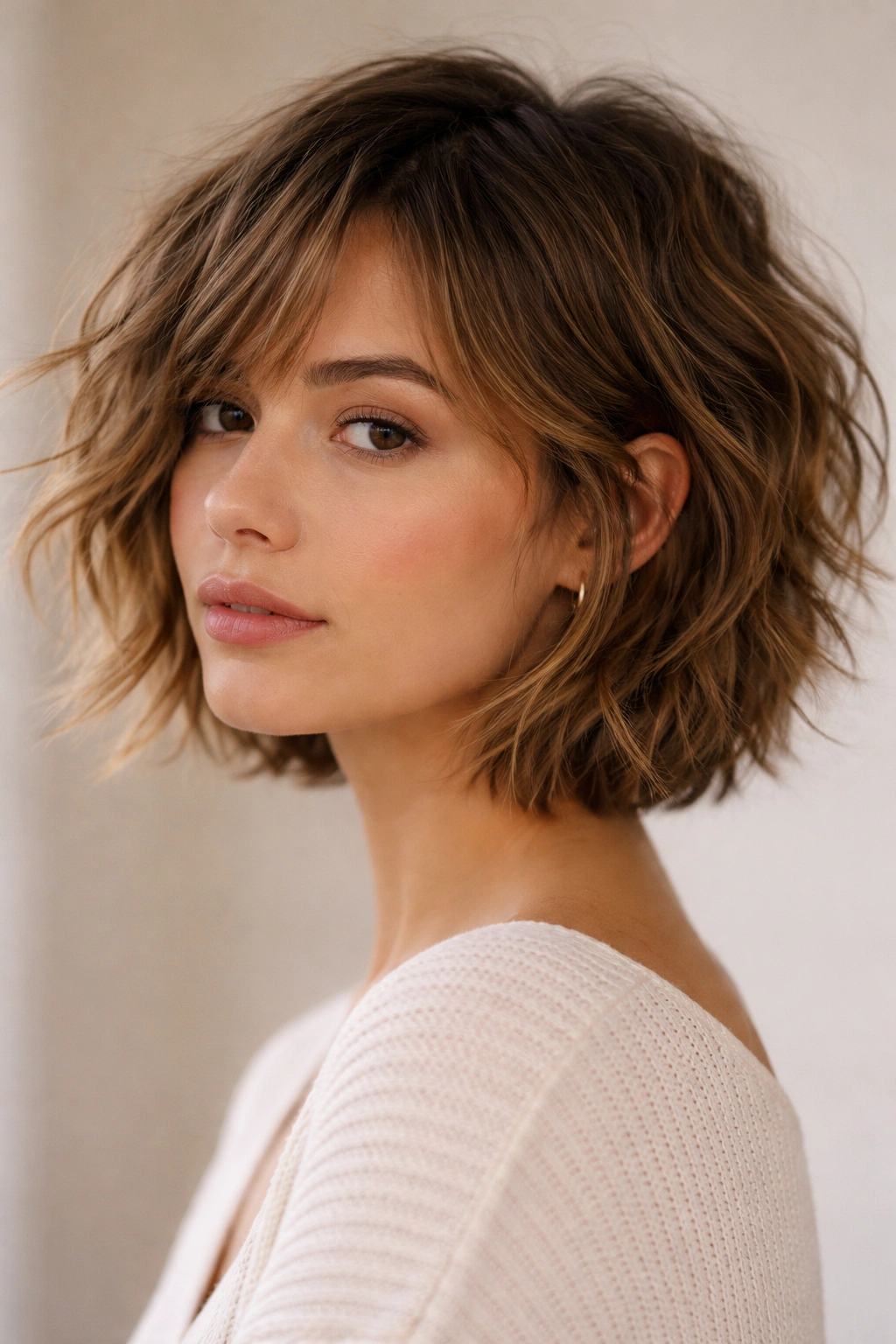 Bohemian choppy bob with disconnected layers creating texture on fine waves