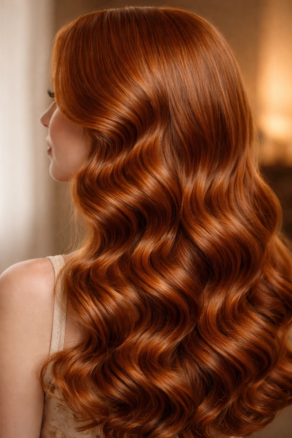 Soft ginger waves formed by pin curls with a polished vintage appearance