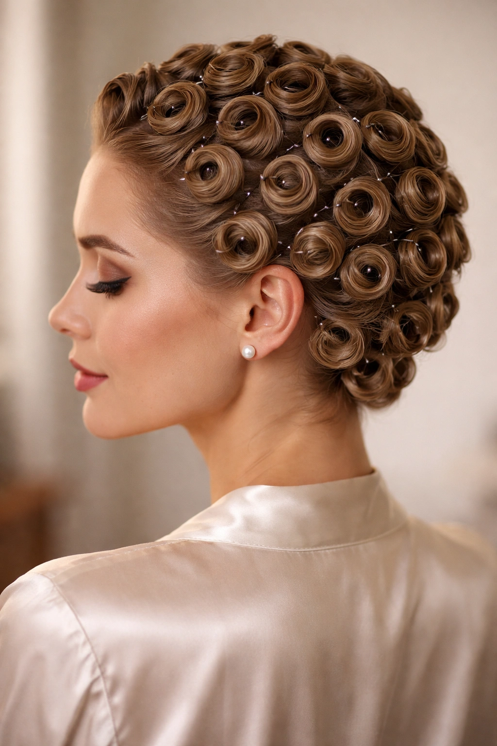 Close-up of pin curls pinned to scalp