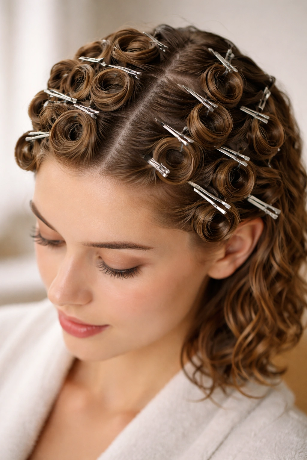 Close-up of damp hair pinned into vintage pin curls