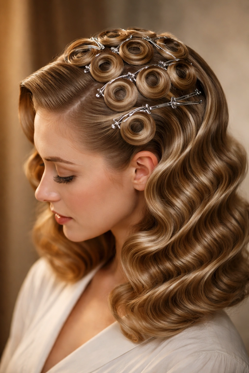 Head-on view of vintage pin curls forming classic Hollywood waves