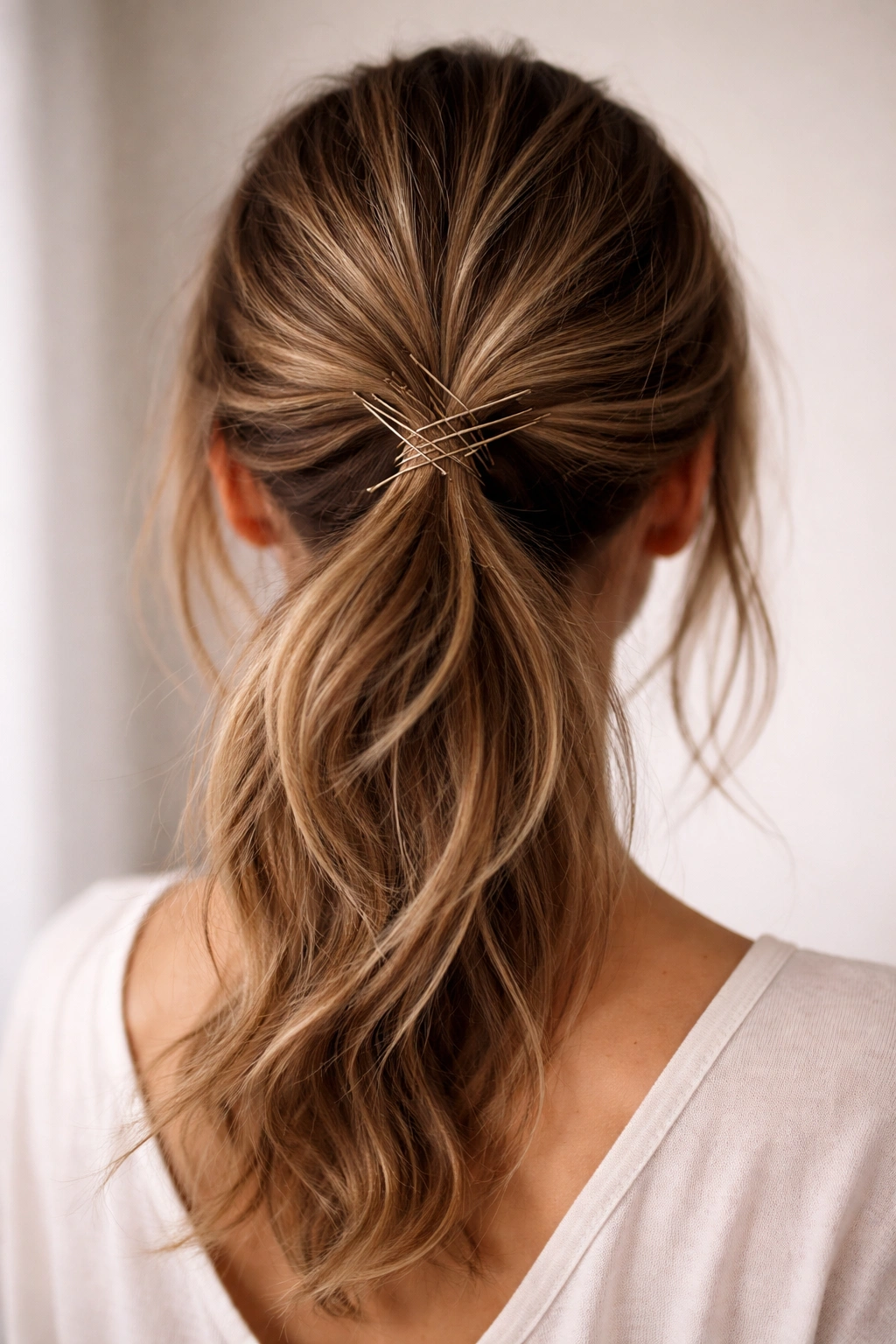 Close-up of a gathered ponytail secured with crisscrossing bobby pins