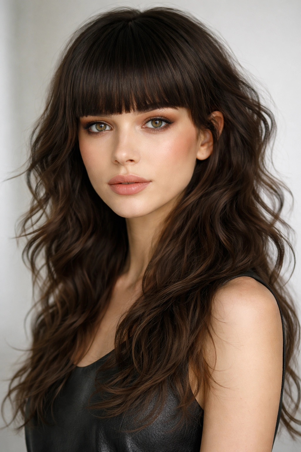 Portrait of a mullet with blunt straight bangs and wavy back