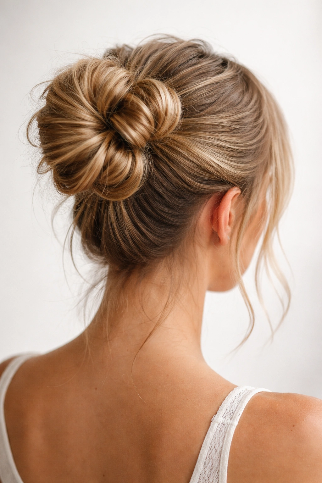 Back view of high ponytail with multiple pinned coils forming a sculptural bun