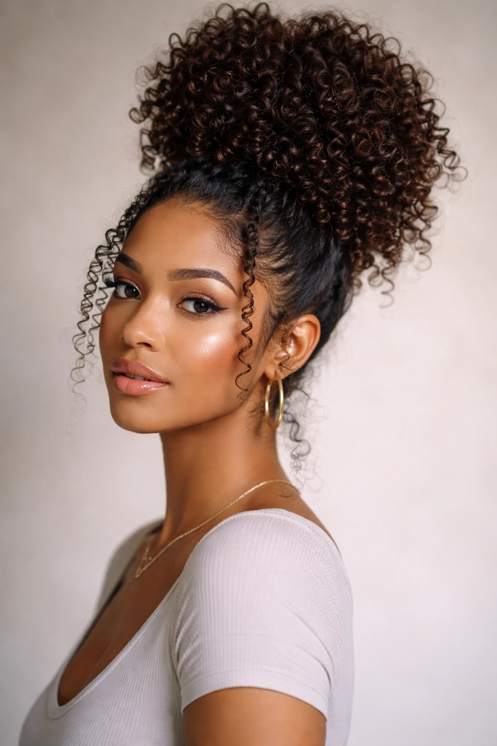 Close-up of high pineapple bun with ribbed spiral curls on 3c hair, studio lighting