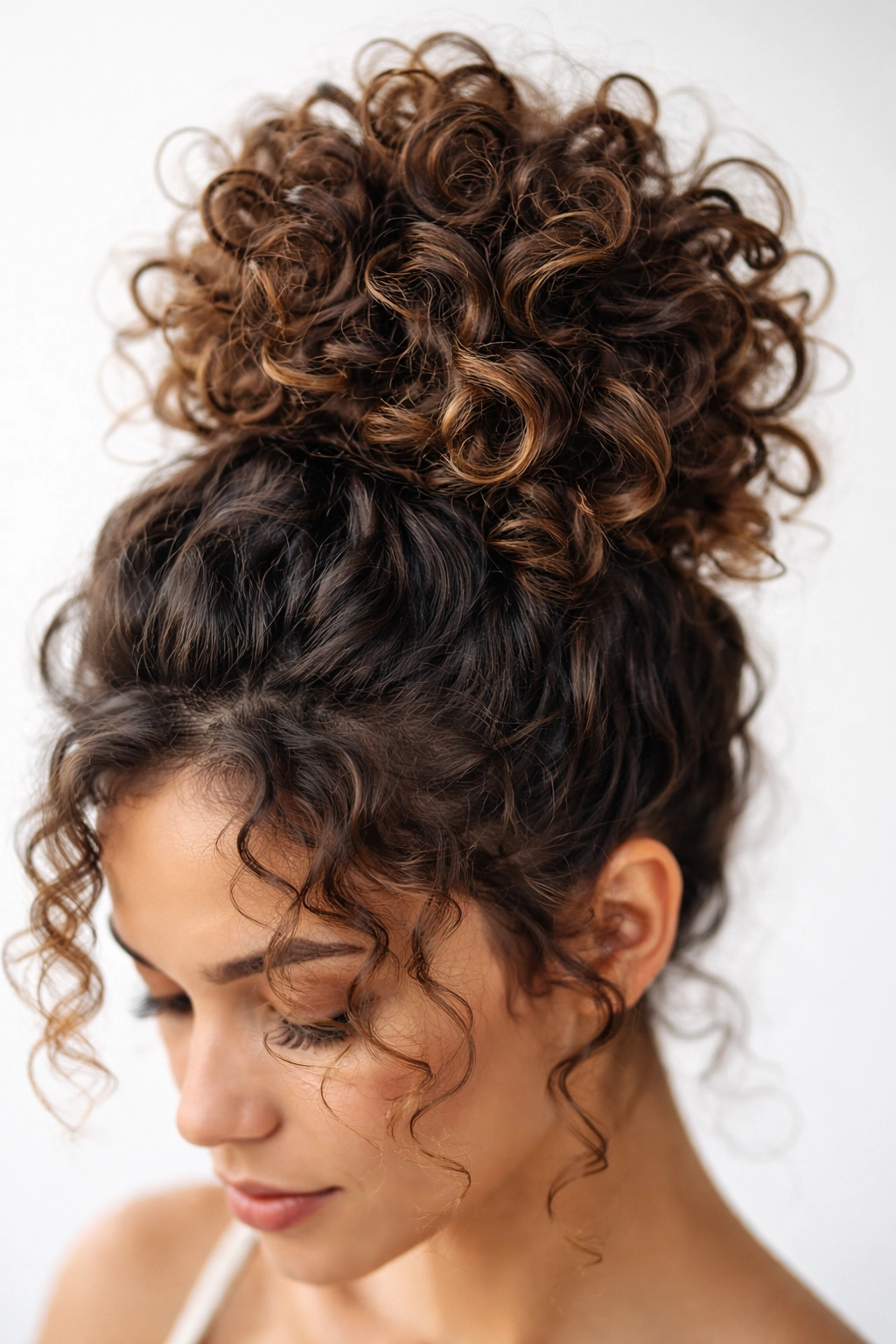 High pineapple bun with fountain-like curls at the crown