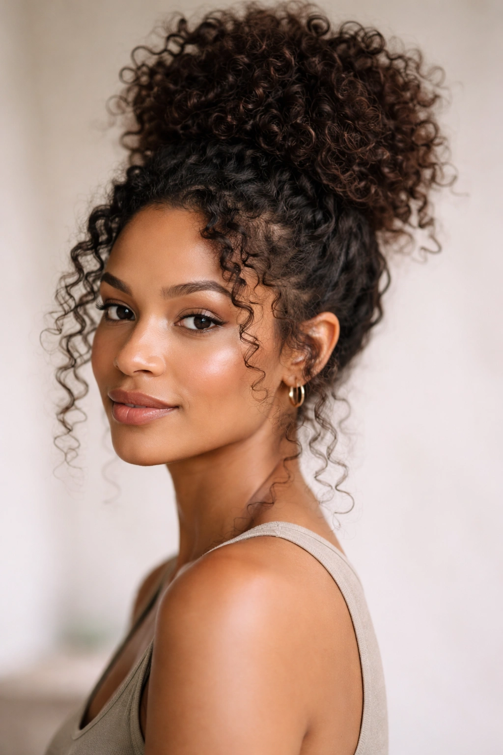 Close-up of a curly hairstyle featuring a high pineapple bun with face-framing tendrils.
