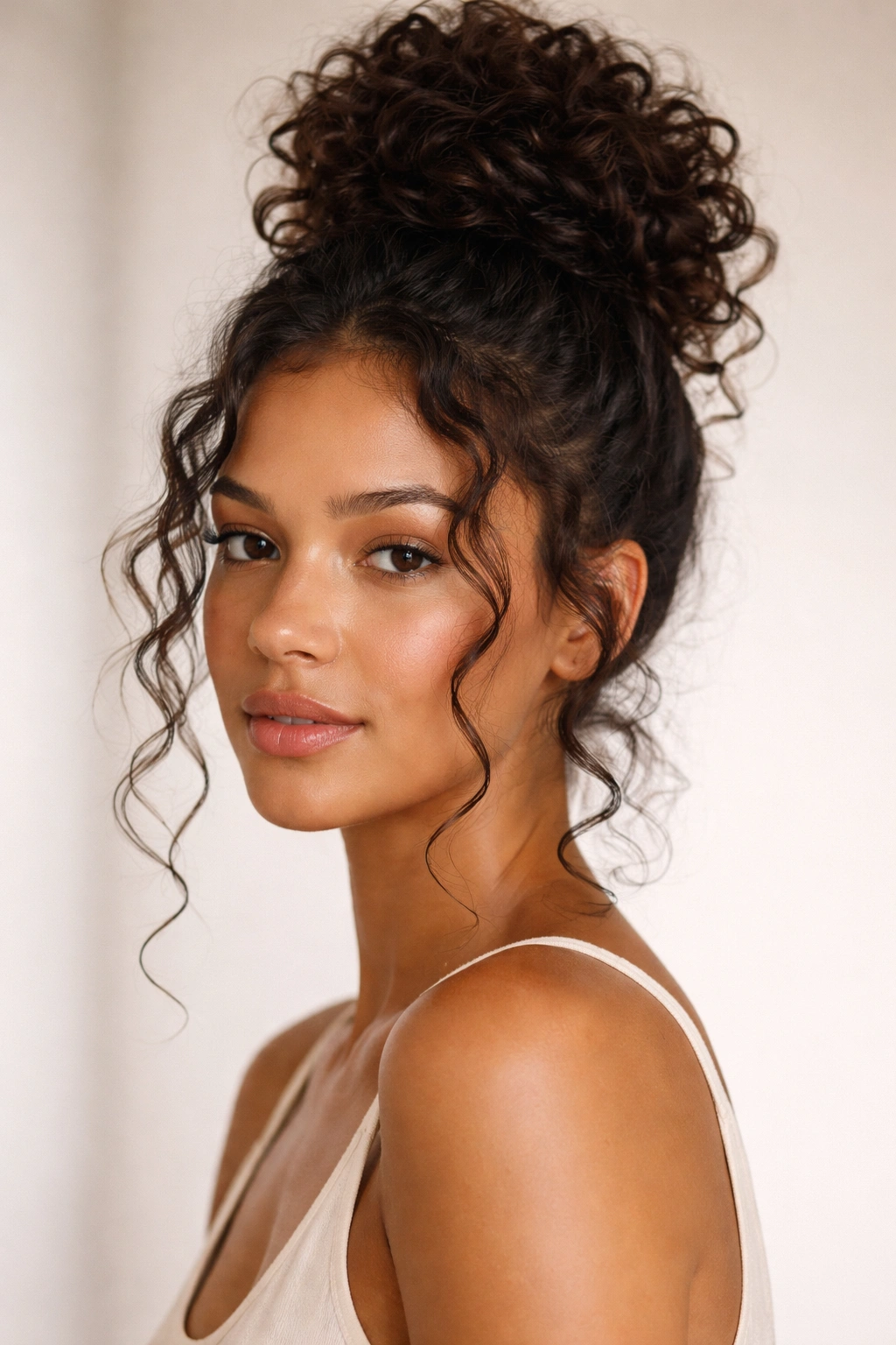 Close-up of a high pineapple bun with face-framing tendrils on greasy curls