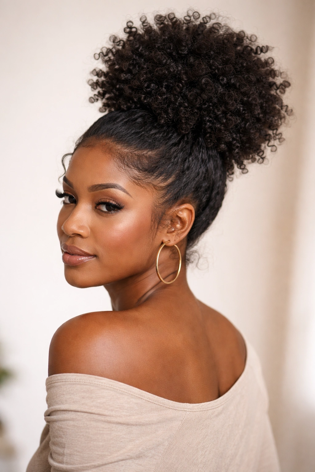High crown pineapple bun on natural hair with crown height and volume