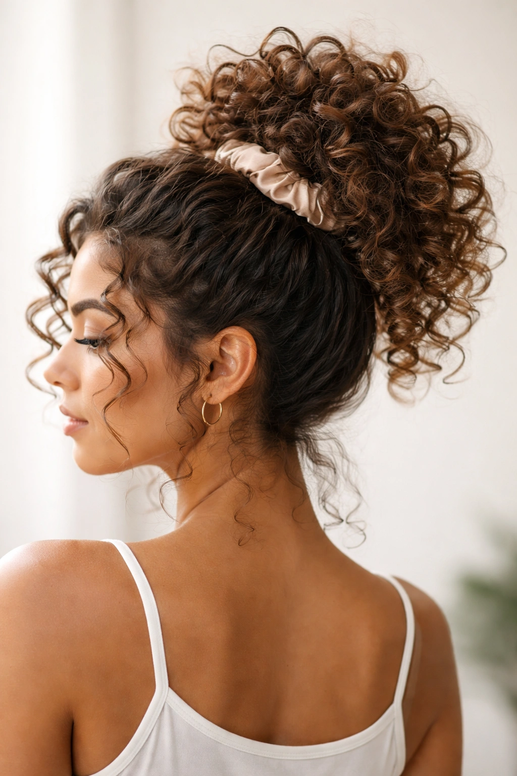 Head with loose high pineapple of curls secured by satin elastic