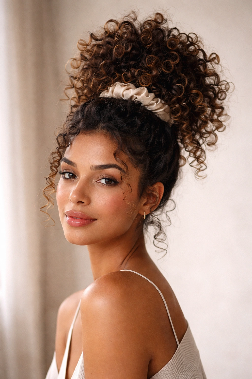 Close-up of The Pineapple hairstyle with satin scrunchie on curly hair