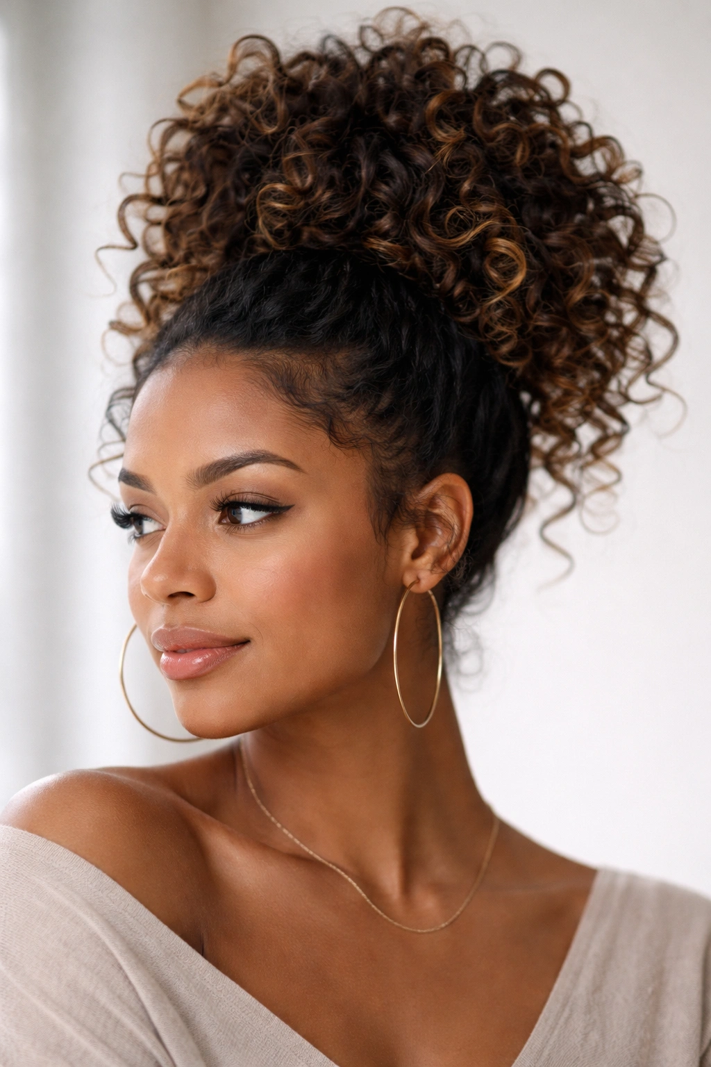 High pineapple hairstyle with loose curls