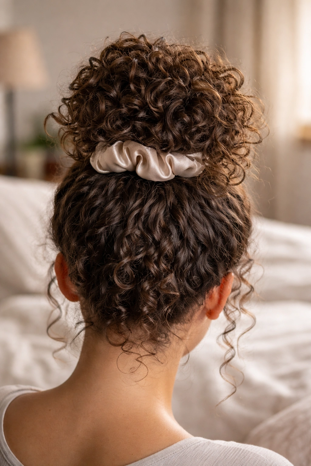 Close-up of curly hair in Pineapple Method with loose crown updo and satin scrunchie