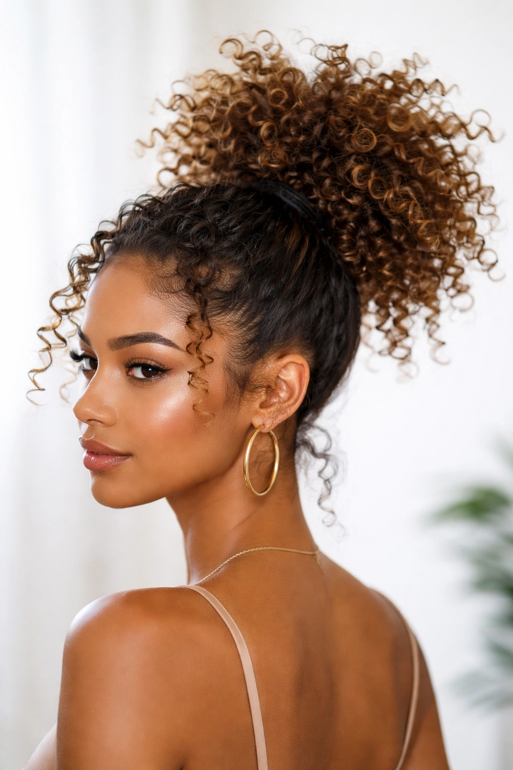 Crown-high pineapple ponytail with curls fanned upward