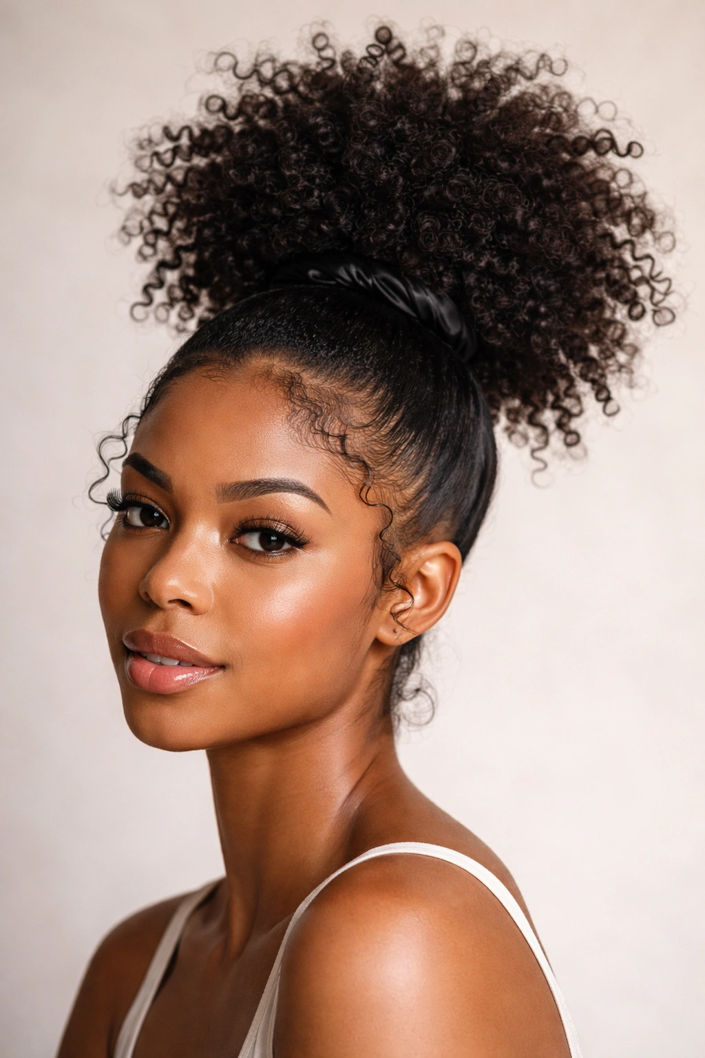 Close-up of a high pineapple ponytail with defined edges and smooth baby hairs