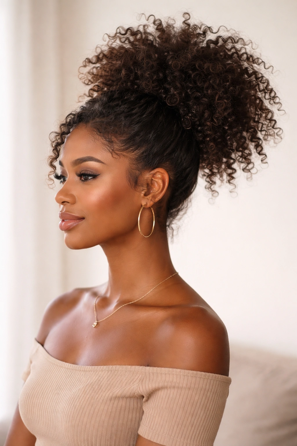 High pineapple ponytail silhouette with voluminous curls