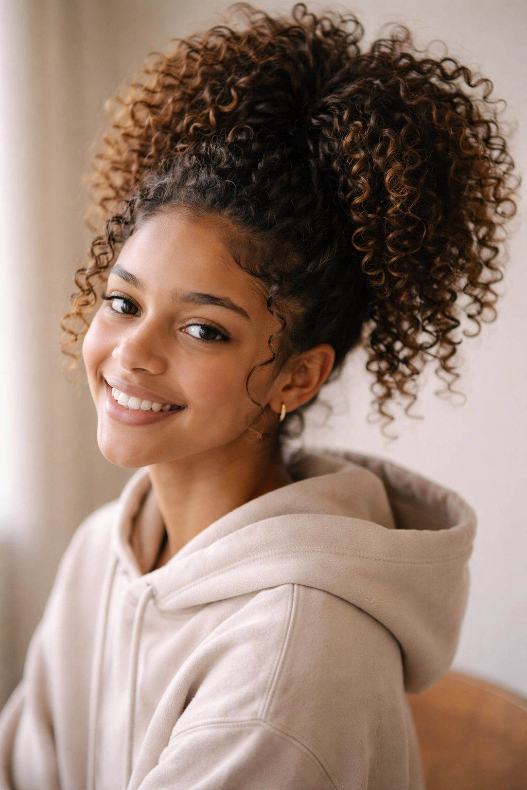 Curly-haired student with a high pineapple ponytail