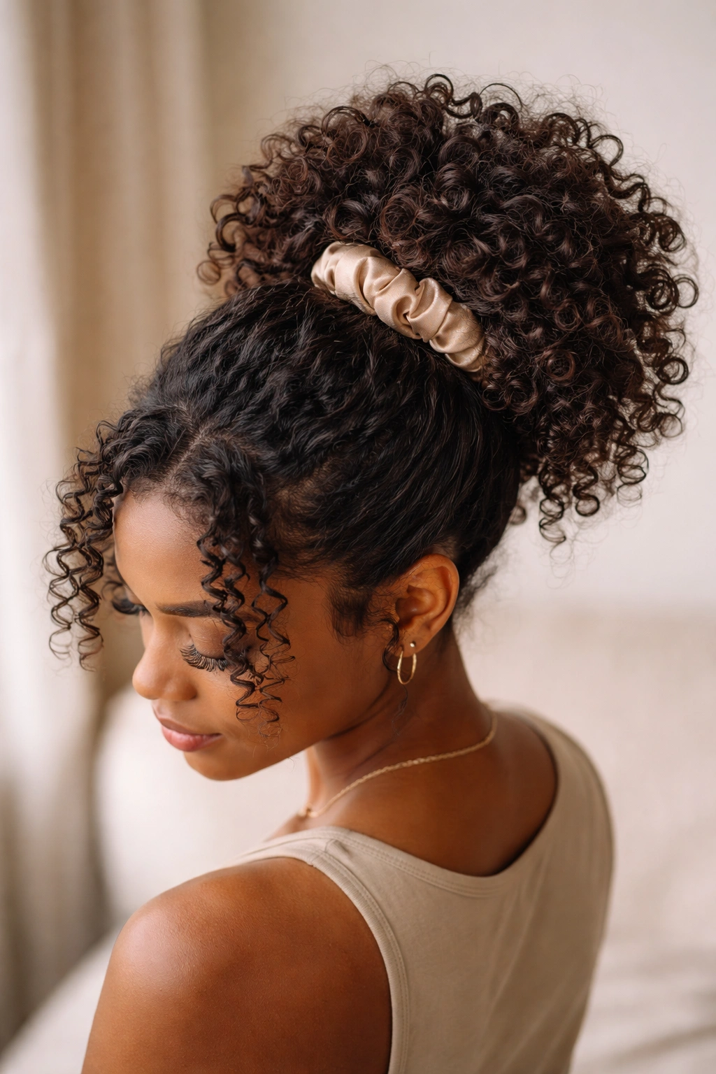 Pineapple ponytail gathered at the crown with curls, secured by a silk scrunchie