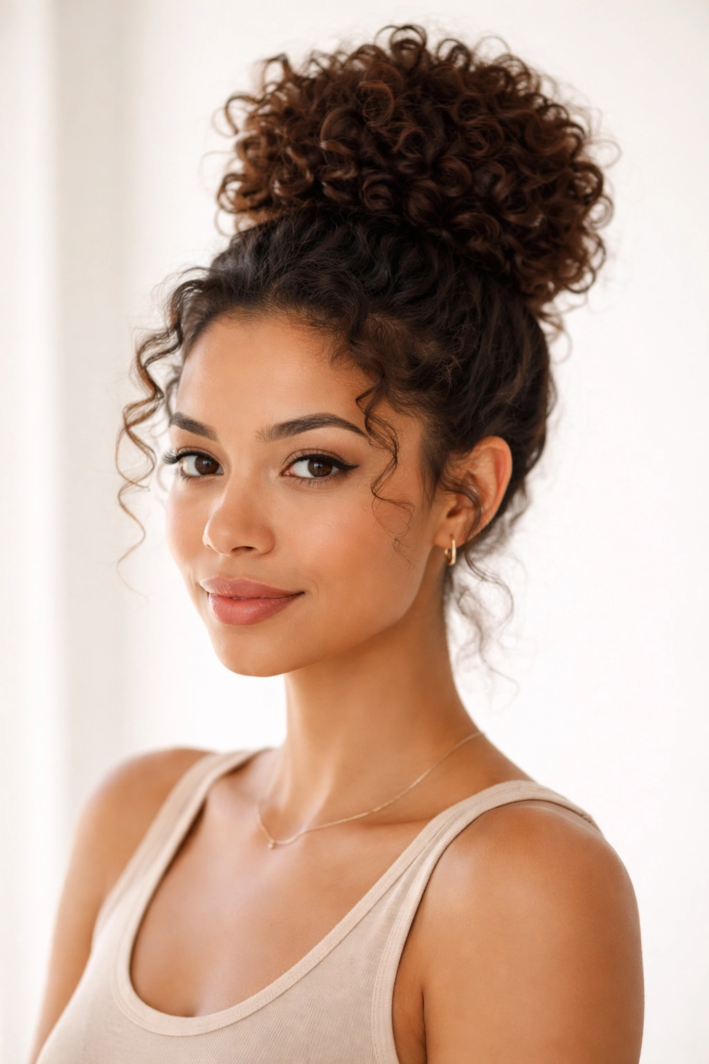 Pineapple precursor bun on curly hair showcasing a polished daytime bun