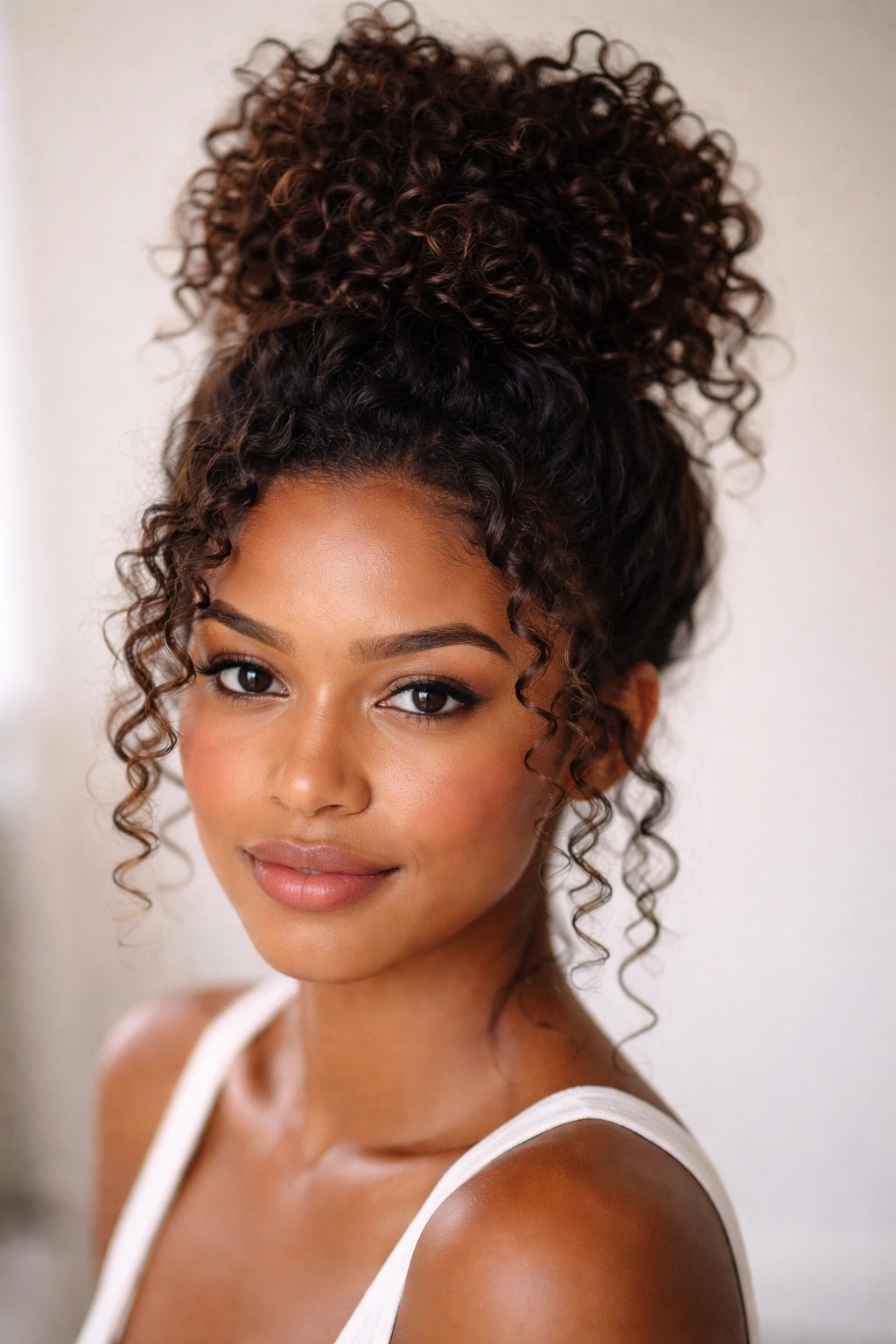 Close-up of crown-top knot on natural hair with defined curls