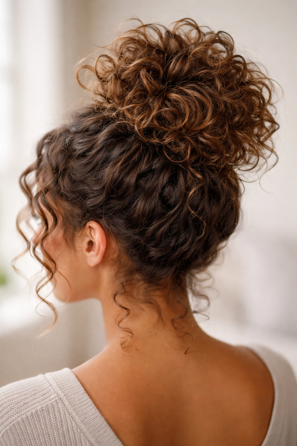 Loose crown-topknot of curls showing minimal tension at the crown