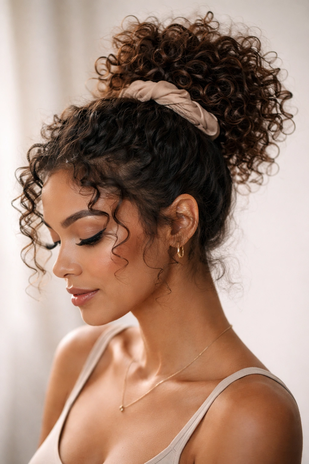 Close-up of a pineapple topknot hairstyle on a curly-haired model, crown gathered high