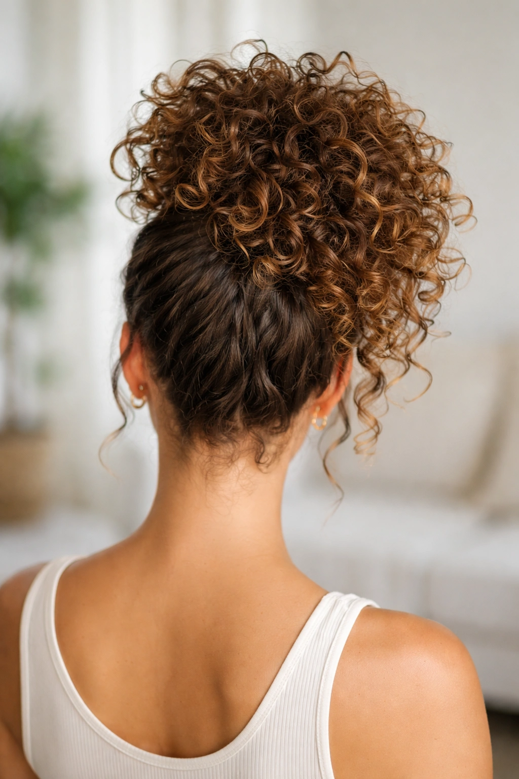 Top-of-head pineapple updo with curls cascading downward