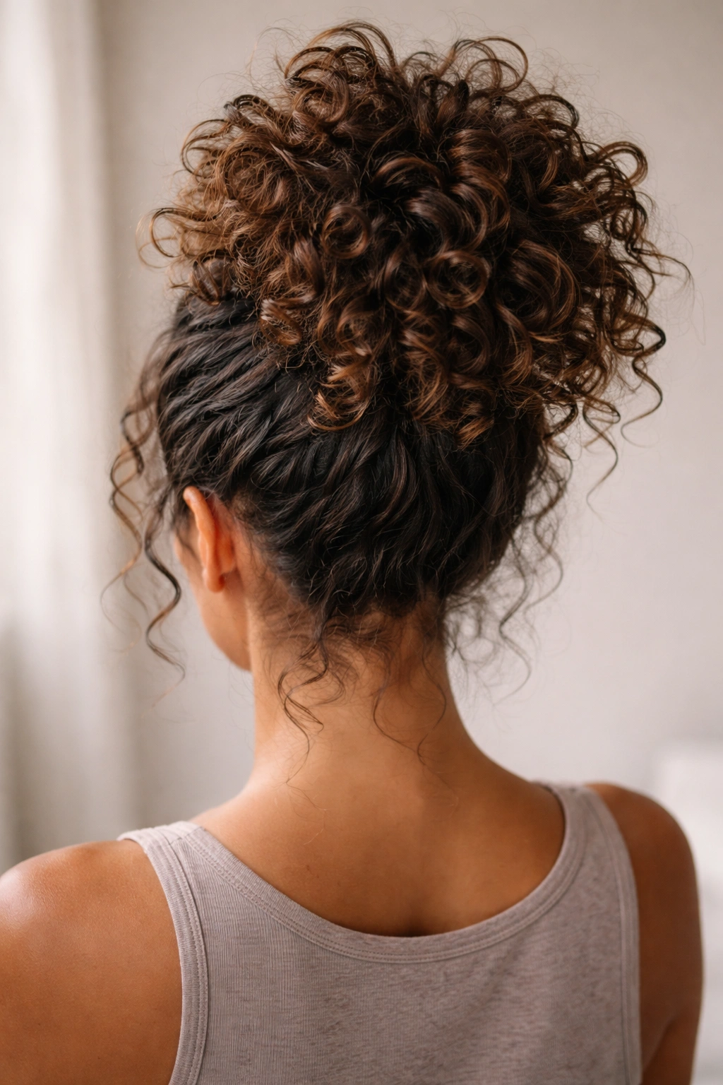Close-up of a loose high pineapple updo on medium curly hair showcasing crown volume