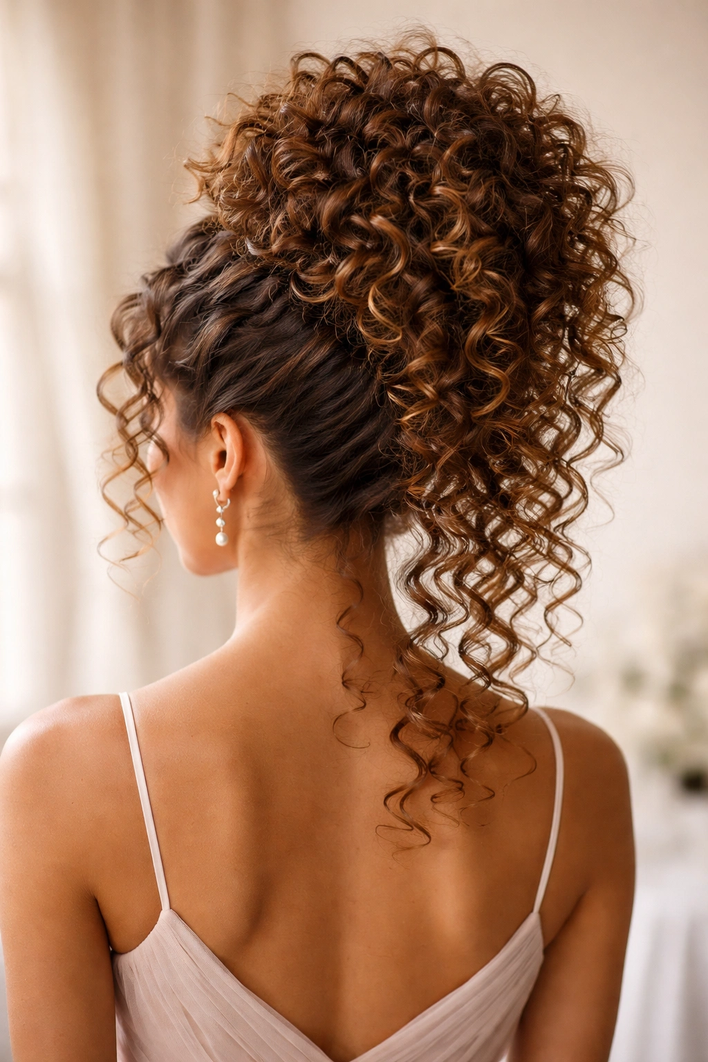 Rear view of a bridesmaid with a pineapple updo for maximum volume