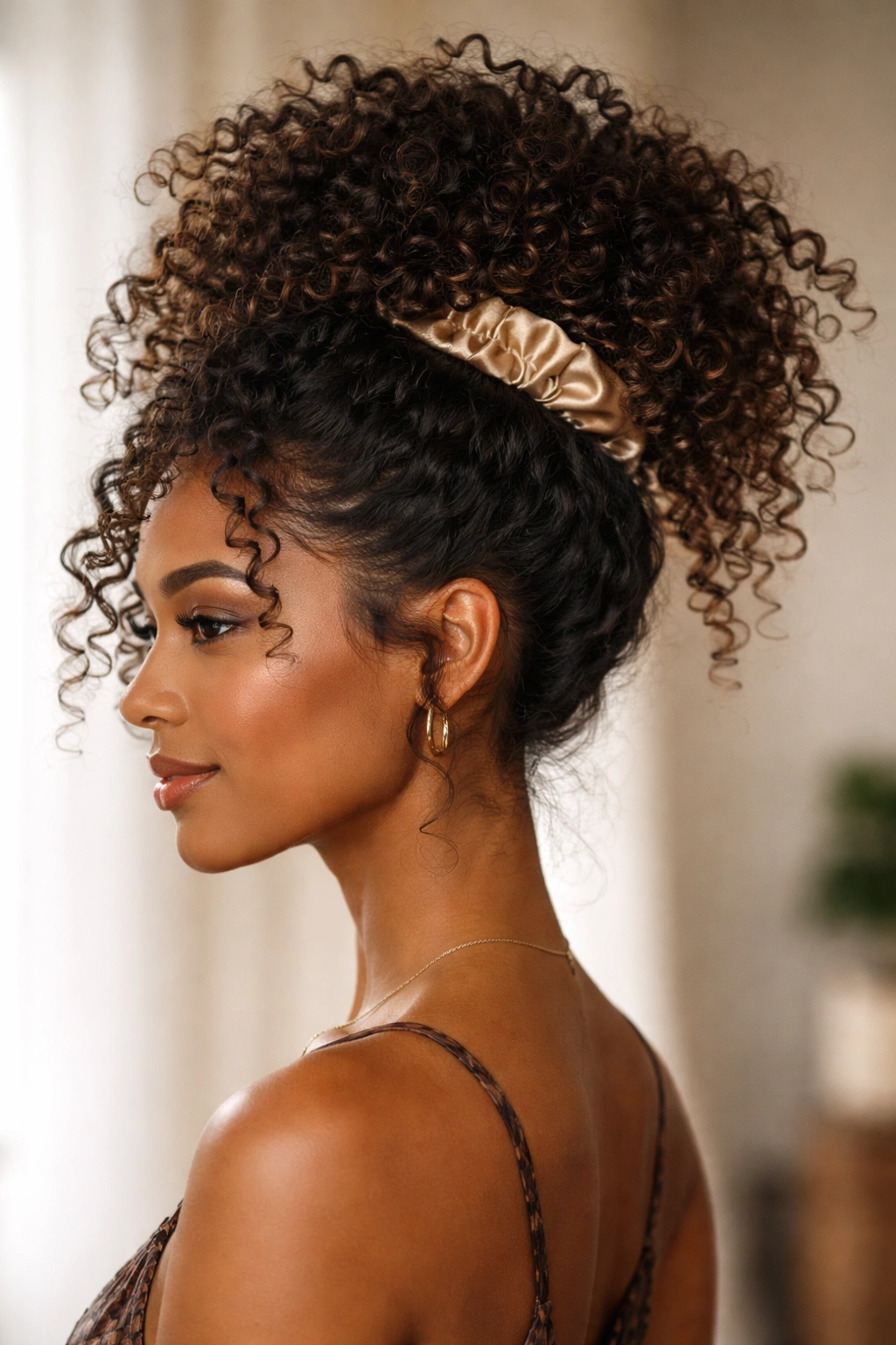 High pineapple updo with curls piled at the crown