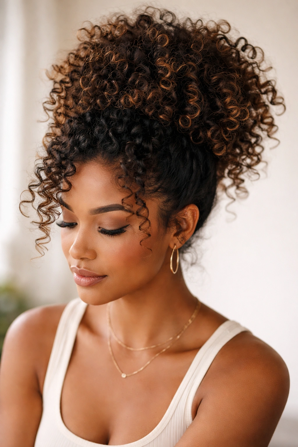 Close-up of a high pineapple updo with curls gathered on top.