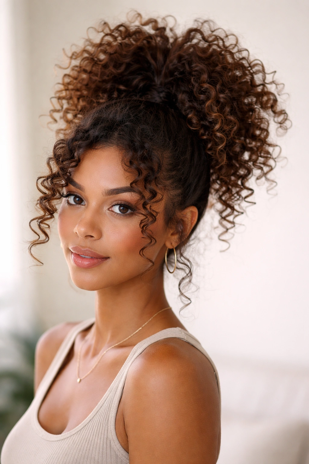 Close-up of a high pineapple curly updo with face-framing curls and crown volume.