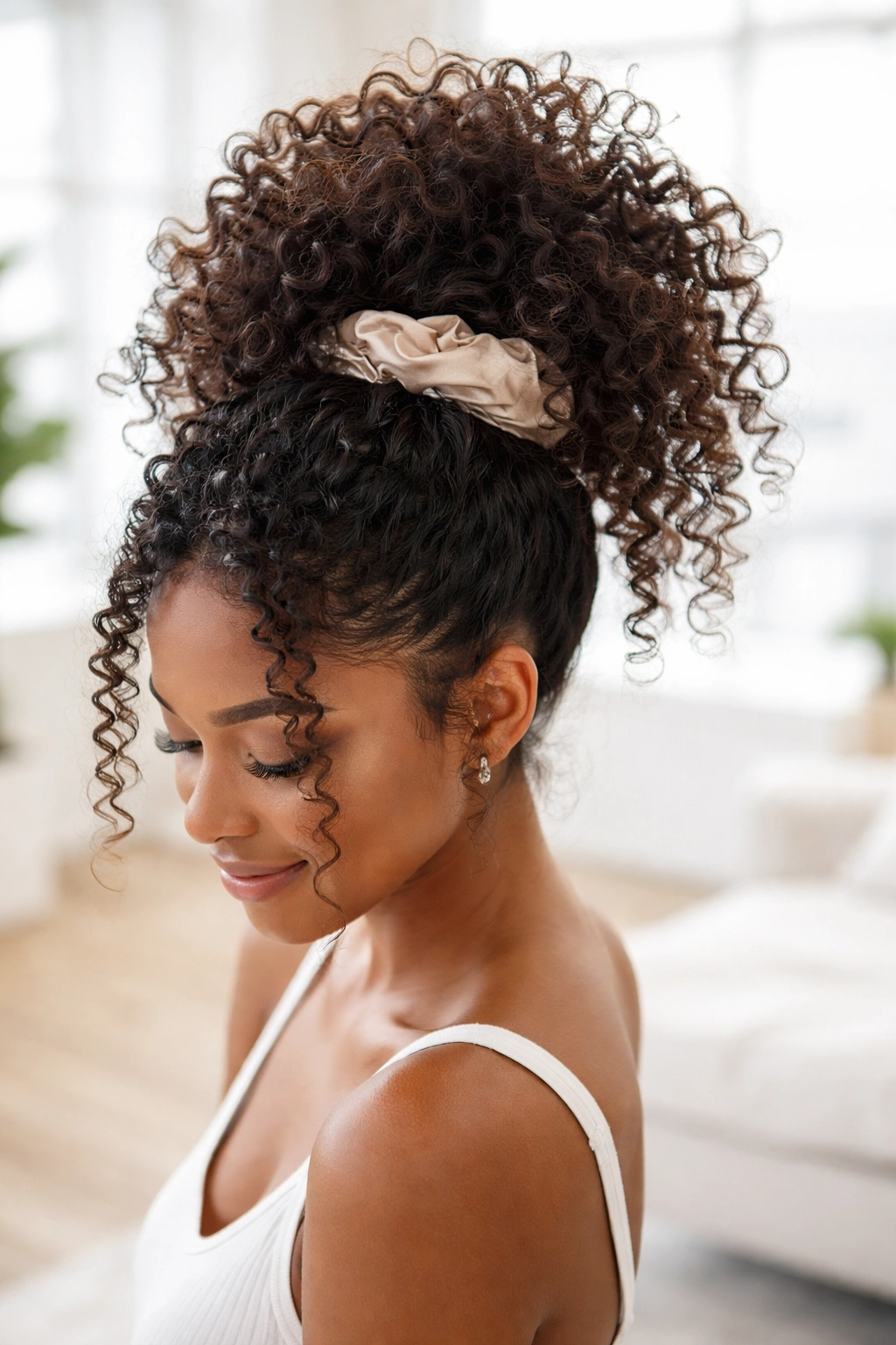 High pineapple updo with curls cascading forward