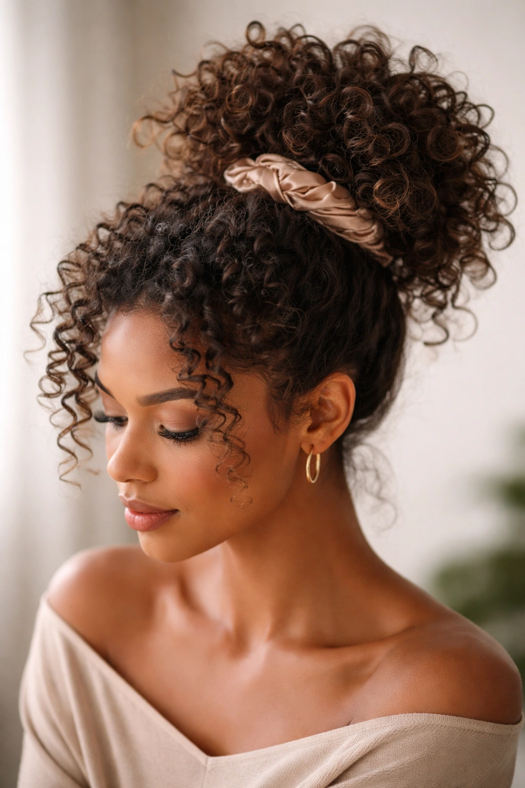 Close-up of a pineapple updo with curls piled on top, satin scrunchie visible