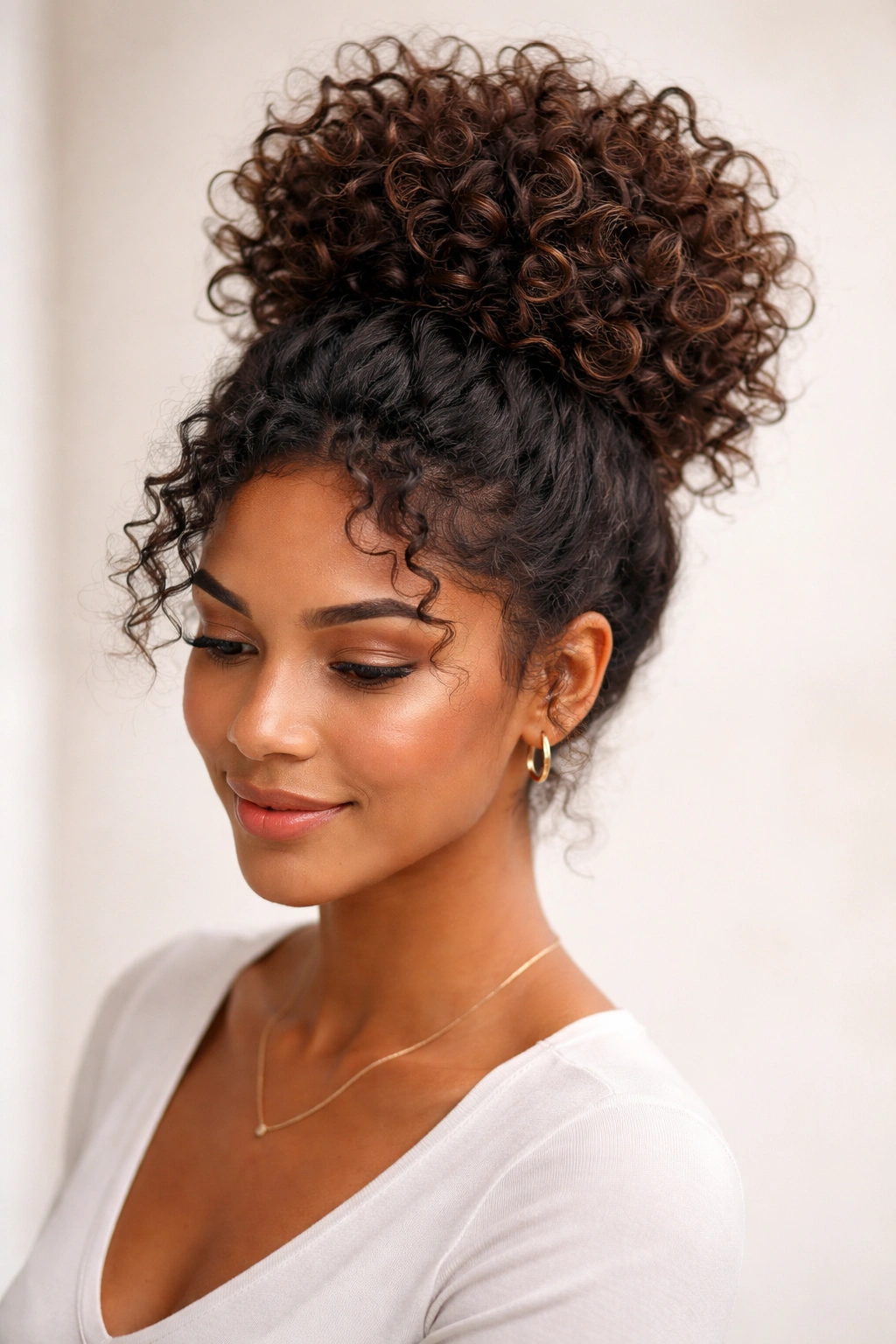 Pineapple updo with voluminous curls forming a crown in a studio setting