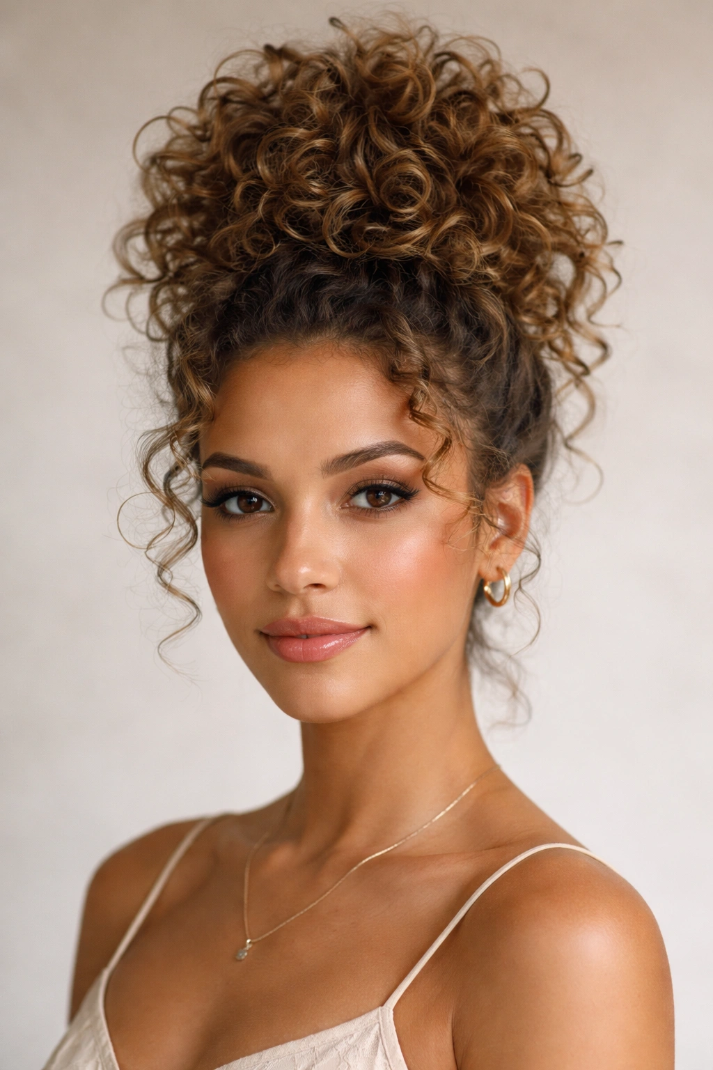 Head-on view of a pineapple updo lifting curls at the crown