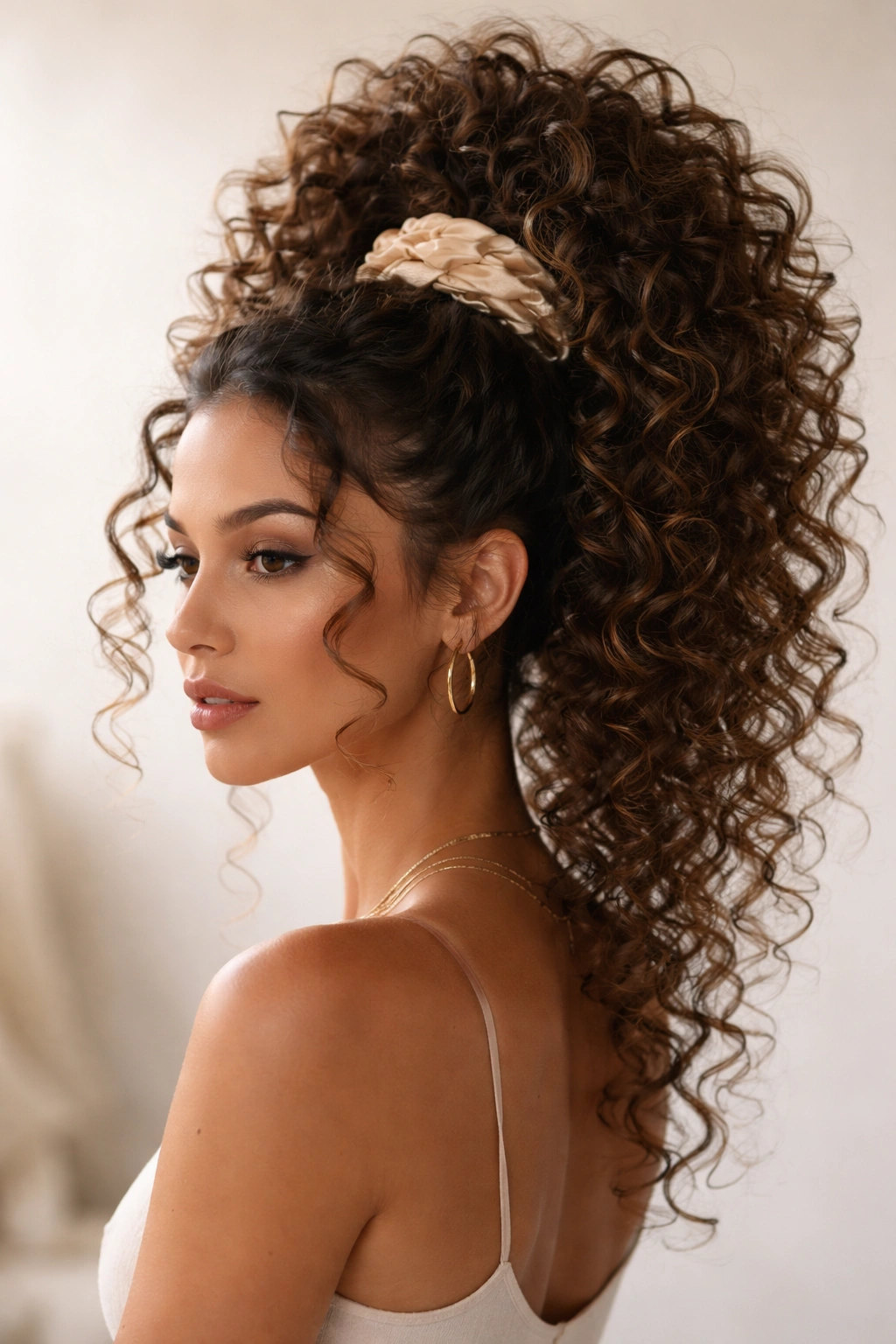 Close-up of a long curly pineapple updo with a high crown and cascading curls
