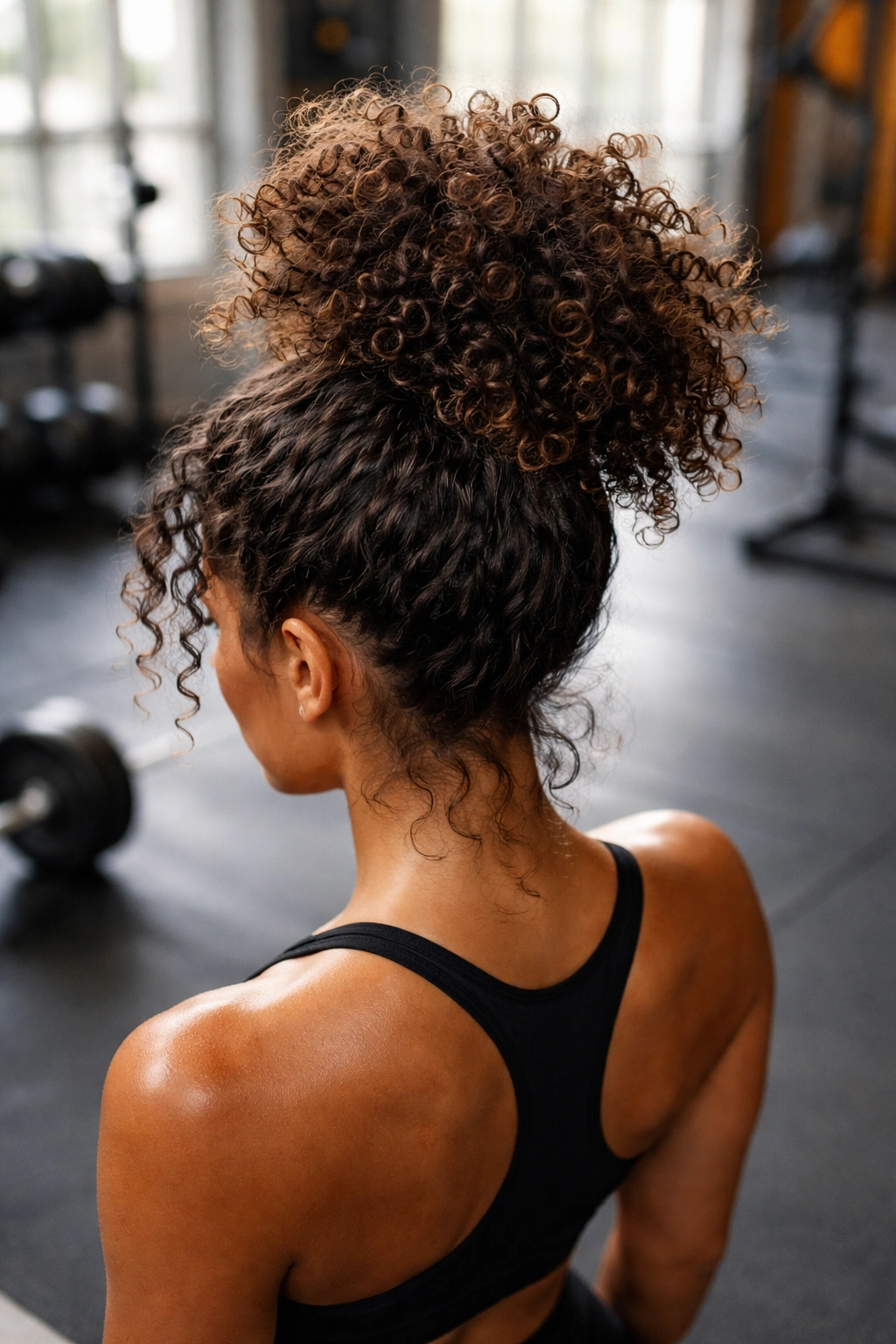 Pineapple updo gathered at the crown protecting curls