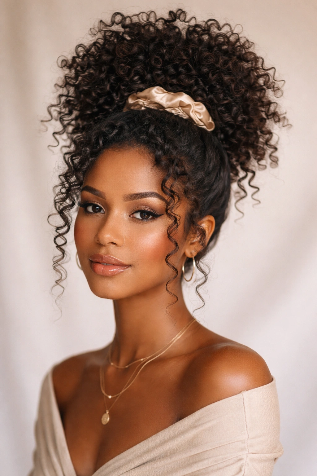 Person with pineapple updo showing voluminous crown and loose tendrils