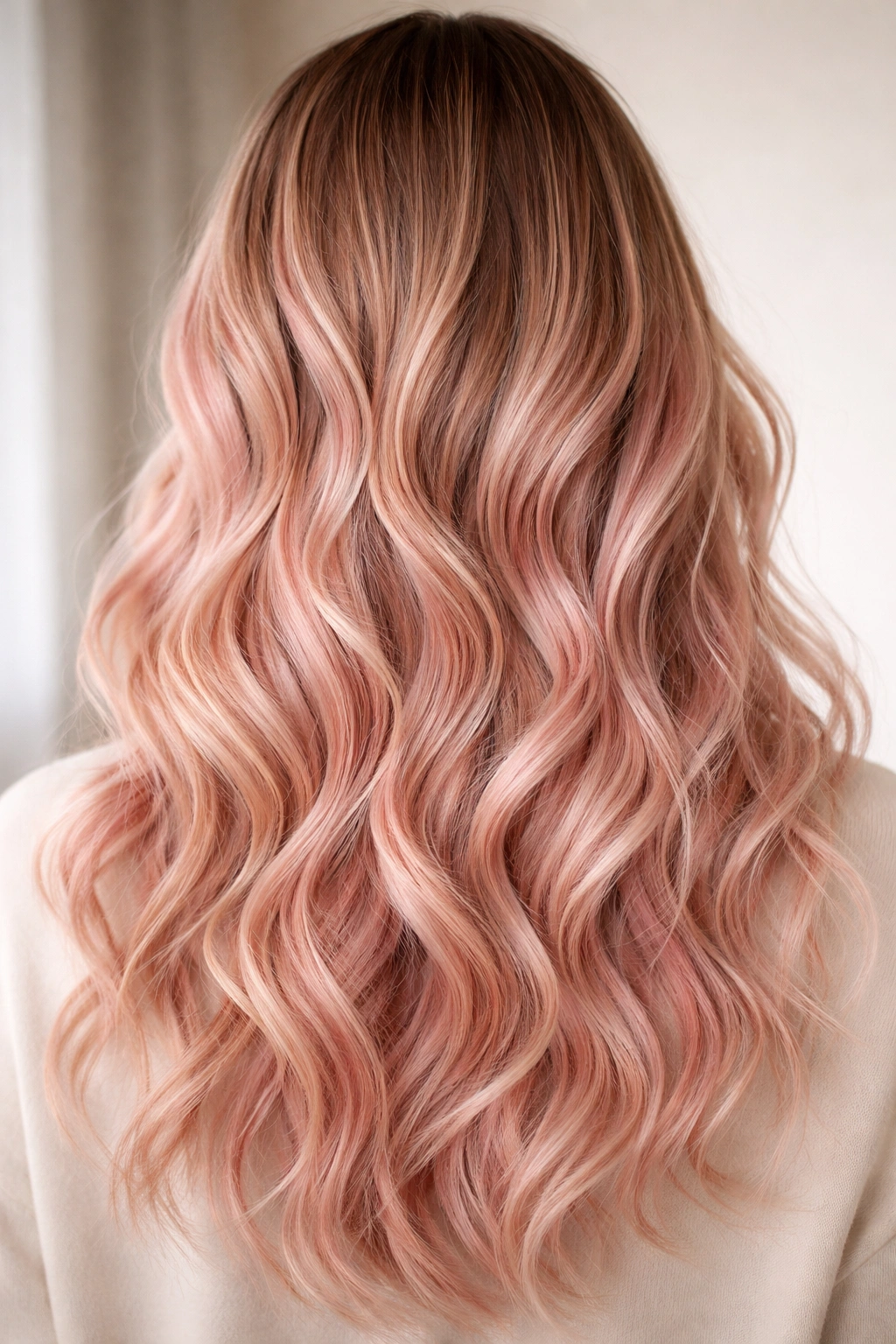 Close-up of soft pink waves with blonde balayage on mid-length hair