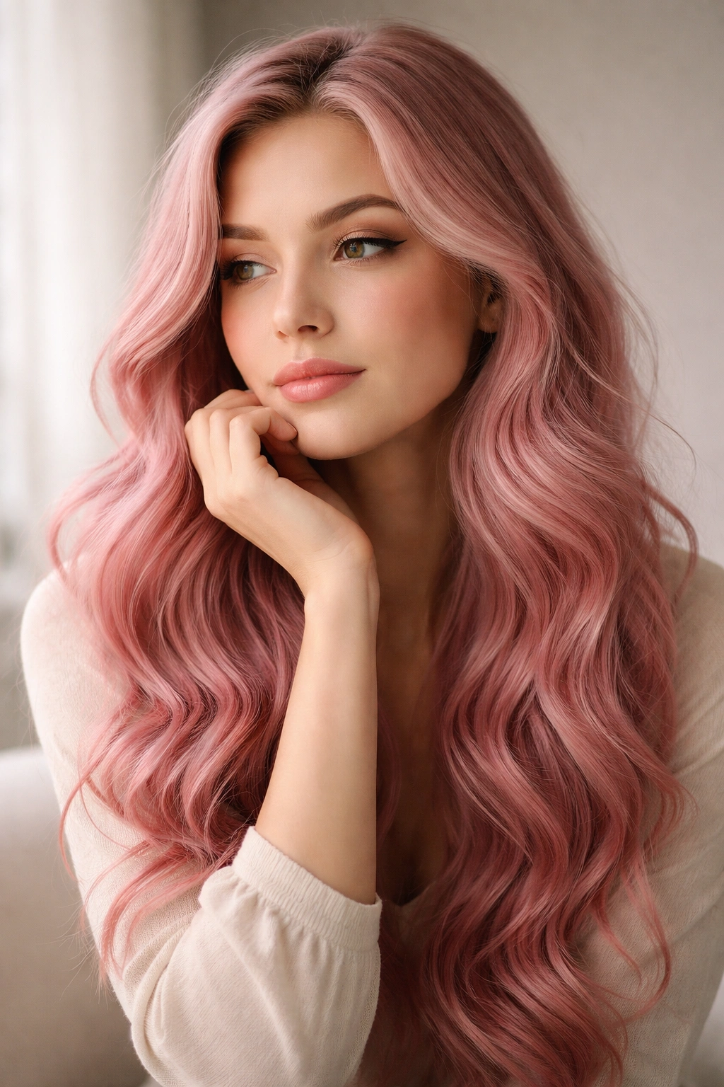 Contemplative portrait with pink waves in soft studio lighting