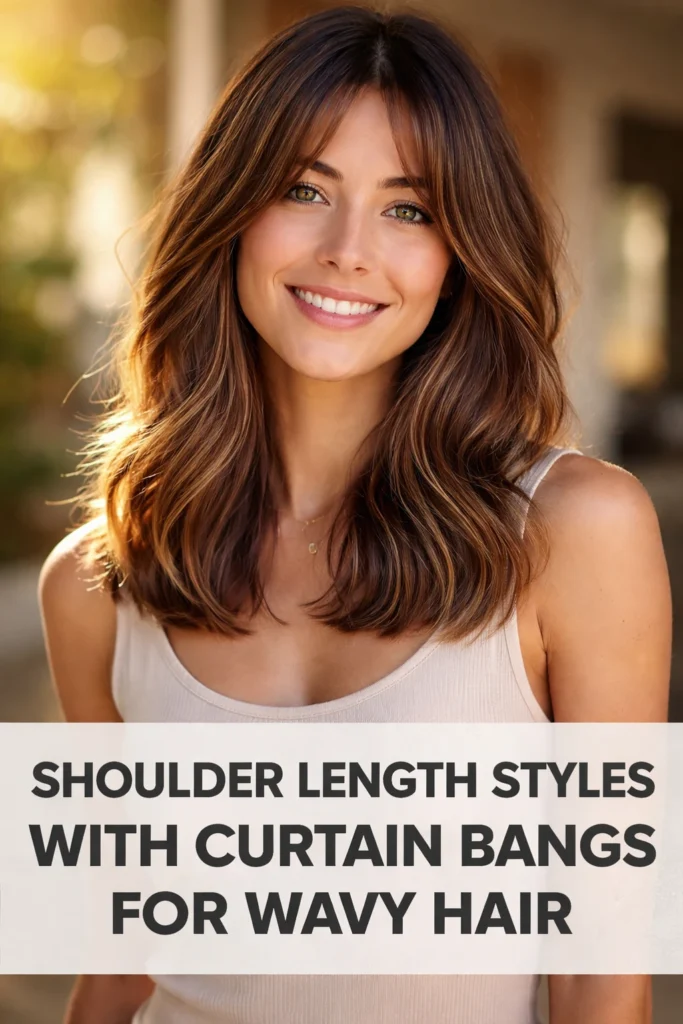 9 Shoulder Length Styles With Curtain Bangs for Wavy Hair