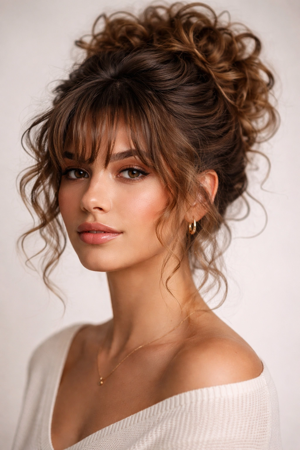 Pinned bun with layered bangs on curly hair