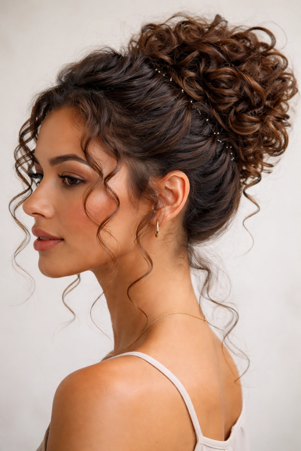 Pinned curly bun with face-framing tendrils and sculpted pins
