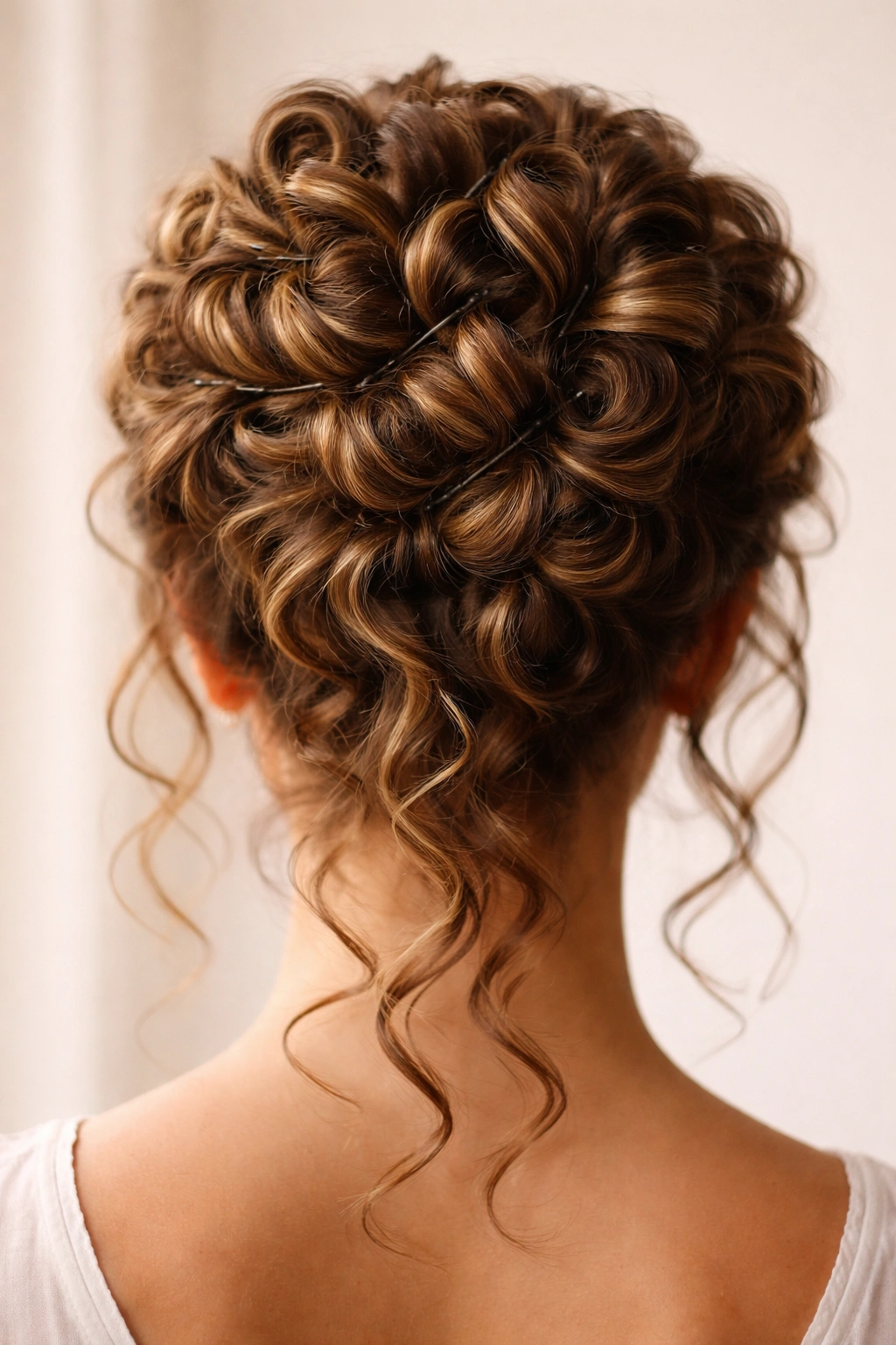 Close-up of pinned curls forming an architectural curly updo across the crown.